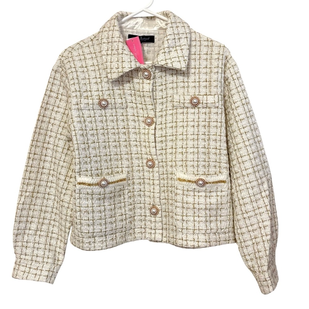 Simply Southern Ivory Gold Tweed Jacket Medium NWT‎